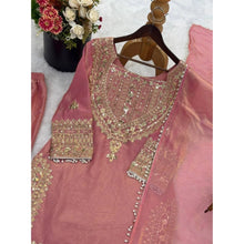 Generic Women's Silk Embroidered 3/4th Sleeve Round Kurti With Sharara Pant and Dupatta Set (Pink)
