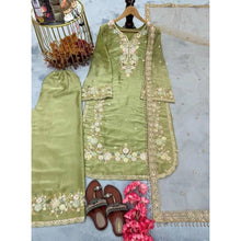 Generic Women's Silk Embroidered 3/4th Sleeve Round Readymade Kurti With Palazzo Pant and Dupatta Set (Pista)