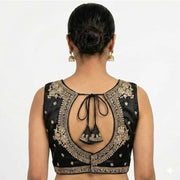 Generic Women's Silk Embroidered V-Neck Sleeveless Readymade Padded Blouse (Black, Size 38)