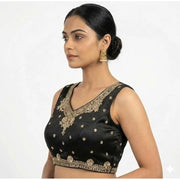 Generic Women's Silk Embroidered V-Neck Sleeveless Readymade Padded Blouse (Black, Size 38)