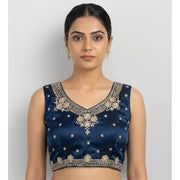 Generic Women's Silk Embroidered V-Neck Sleeveless Readymade Padded Blouse (Blue, Size 38)