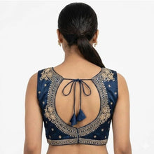Generic Women's Silk Embroidered V-Neck Sleeveless Readymade Padded Blouse (Blue, Size 38)