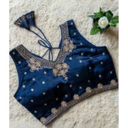 Generic Women's Silk Embroidered V-Neck Sleeveless Readymade Padded Blouse (Blue, Size 38)