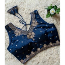 Generic Women's Silk Embroidered V-Neck Sleeveless Readymade Padded Blouse (Blue, Size 38)