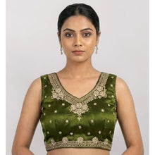 Generic Women's Silk Embroidered V-Neck Sleeveless Readymade Padded Blouse (Mahendi, Size 38)