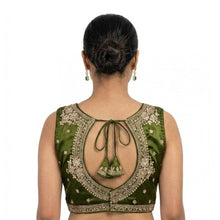 Generic Women's Silk Embroidered V-Neck Sleeveless Readymade Padded Blouse (Mahendi, Size 38)
