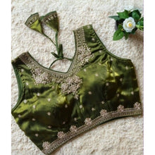 Generic Women's Silk Embroidered V-Neck Sleeveless Readymade Padded Blouse (Mahendi, Size 38)