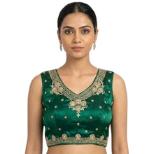 Generic Women's Silk Embroidered V-Neck Sleeveless Readymade Padded Blouse (Green, Size 38)