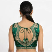 Generic Women's Silk Embroidered V-Neck Sleeveless Readymade Padded Blouse (Green, Size 38)