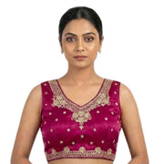 Generic Women's Silk Embroidered V-Neck Sleeveless Readymade Padded Blouse (Pink, Size 38)