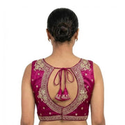 Generic Women's Silk Embroidered V-Neck Sleeveless Readymade Padded Blouse (Pink, Size 38)