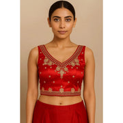 Generic Women's Silk Embroidered V-Neck Sleeveless Readymade Padded Blouse (Red, Size 38)
