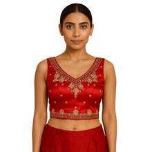 Generic Women's Silk Embroidered V-Neck Sleeveless Readymade Padded Blouse (Red, Size 38)