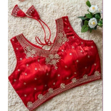 Generic Women's Silk Embroidered V-Neck Sleeveless Readymade Padded Blouse (Red, Size 38)