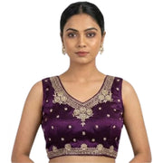 Generic Women's Silk Embroidered V-Neck Sleeveless Readymade Padded Blouse (Wine, Size 38)