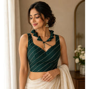Generic Women's Silk Embellished Sweetheart Neck Sleeveless Readymade Padded Blouse (Green, Size 38)