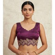 Generic Women's Silk Embroidered Sweetheart Neck Sleeveless Readymade Padded Blouse (Wine, Size 38)