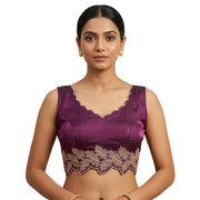 Generic Women's Silk Embroidered Sweetheart Neck Sleeveless Readymade Padded Blouse (Wine, Size 38)