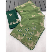 Generic Women's Star Georgette Embellished Saree With Unstitched Blouse 5.5Mtr (Green)