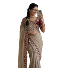 Generic Women's Star Georgette Embroidered Saree With Unstitched Blouse 5.5Mtr (Beige)