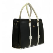 Generic Women's Polyurethane Solid Structured Shoulder Tote Handbag (Black-Cream)