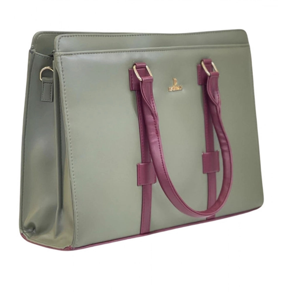 Generic Women's Polyurethane Solid Structured Shoulder Tote Handbag (Sage Green-Burgundy)