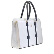 Generic Women's Polyurethane Solid Structured Shoulder Tote Handbag (Cream-Navy Blue)