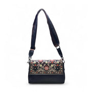 Generic Women's Polyurethane Floral Embroidered Crossbody Sling Bag with Adjustable &amp; Removable Strap (Black)