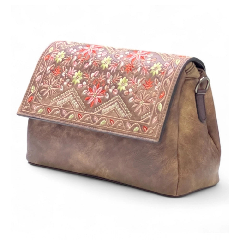 Generic Women's Polyurethane Floral Embroidered Crossbody Sling Bag with Adjustable &amp; Removable Strap (Brown)