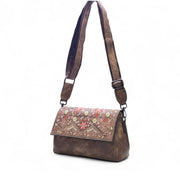 Generic Women's Polyurethane Floral Embroidered Crossbody Sling Bag with Adjustable &amp; Removable Strap (Brown)