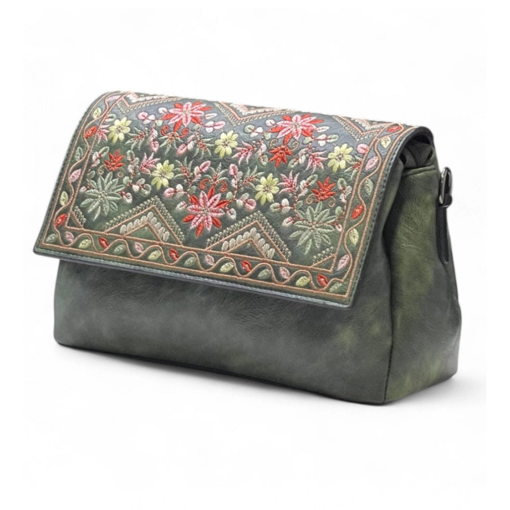 Generic Women's Polyurethane Floral Embroidered Crossbody Sling Bag with Adjustable &amp; Removable Strap (Green)