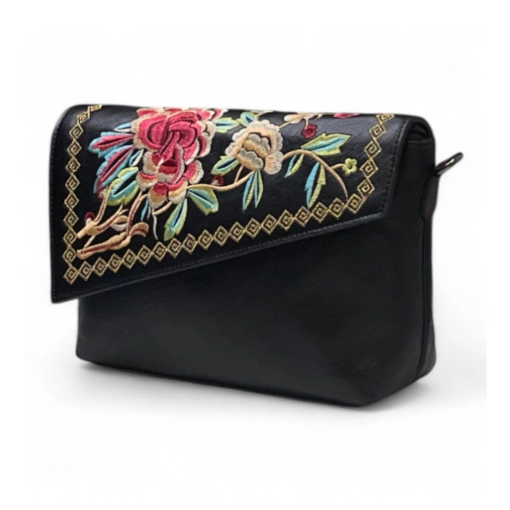 Generic Women's Polyurethane Floral Embroidered Crossbody Sling Bag with Adjustable &amp; Removable Strap (Black)