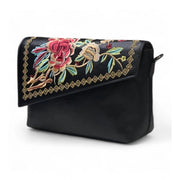 Generic Women's Polyurethane Floral Embroidered Crossbody Sling Bag with Adjustable &amp; Removable Strap (Black)