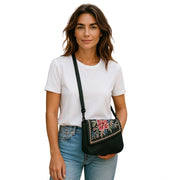 Generic Women's Polyurethane Floral Embroidered Crossbody Sling Bag with Adjustable &amp; Removable Strap (Black)