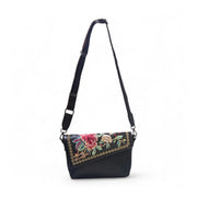 Generic Women's Polyurethane Floral Embroidered Crossbody Sling Bag with Adjustable &amp; Removable Strap (Black)