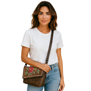 Generic Women's Polyurethane Floral Embroidered Crossbody Sling Bag with Adjustable &amp; Removable Strap (Brown)