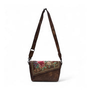 Generic Women's Polyurethane Floral Embroidered Crossbody Sling Bag with Adjustable &amp; Removable Strap (Brown)