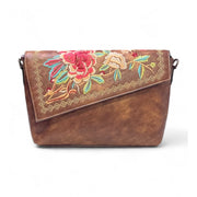 Generic Women's Polyurethane Floral Embroidered Crossbody Sling Bag with Adjustable &amp; Removable Strap (Brown)