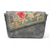 Generic Women's Polyurethane Floral Embroidered Crossbody Sling Bag with Adjustable &amp; Removable Strap (Grey)