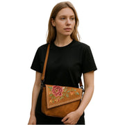 Generic Women's Polyurethane Floral Embroidered Crossbody Sling Bag with Adjustable &amp; Removable Strap (Tan)