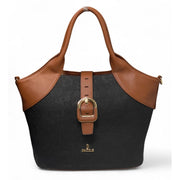 Generic Women's Polyurethane Textured Two-Tone Tote Handbag with Adjustable &amp; Removable Strap (Black-Tan)