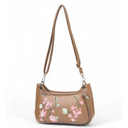 Generic Women's Polyurethane Floral Embroidered Crossbody Sling Bag with Adjustable &amp; Removable Strap (Tan)