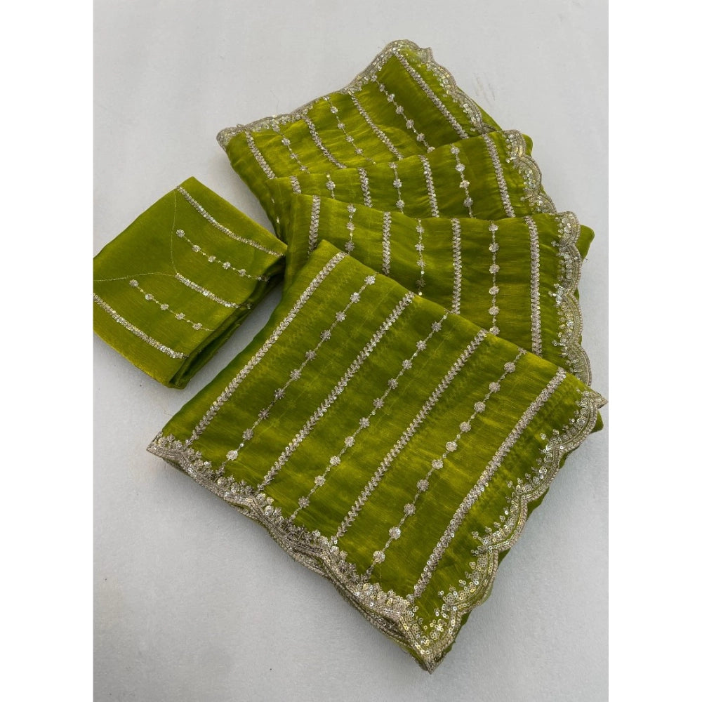 Generic Women's Jimmy Choo Embellished Saree With Unstitched Blouse 5.5Mtr (Olive Green)