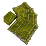 Generic Women's Jimmy Choo Embellished Saree With Unstitched Blouse 5.5Mtr (Olive Green)