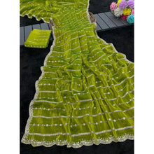 Generic Women's Jimmy Choo Embellished Saree With Unstitched Blouse 5.5Mtr (Olive Green)