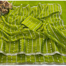 Generic Women's Jimmy Choo Embellished Saree With Unstitched Blouse 5.5Mtr (Olive Green)