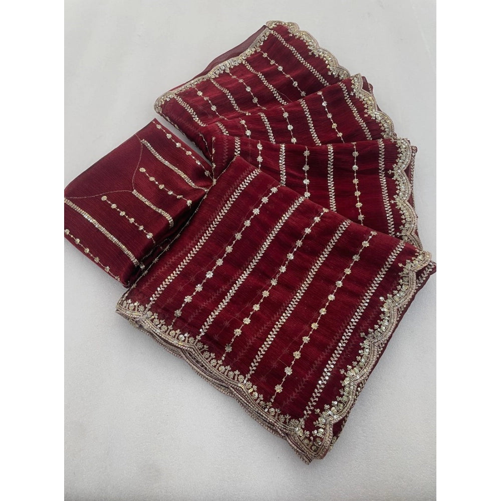Generic Women's Jimmy Choo Embellished Saree With Unstitched Blouse 5.5Mtr�(Maroon)