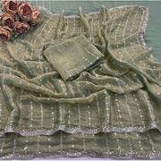 Generic Women's Jimmy Choo Embellished Saree With Unstitched Blouse 5.5Mtr�(Light Green)