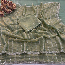 Generic Women's Jimmy Choo Embellished Saree With Unstitched Blouse 5.5Mtr�(Light Green)