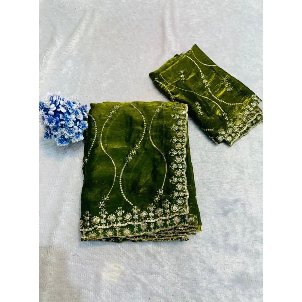 Generic Women's Jimmy Choo Embellished Saree With Unstitched Blouse 5.5Mtr�(Mehendi-Green)